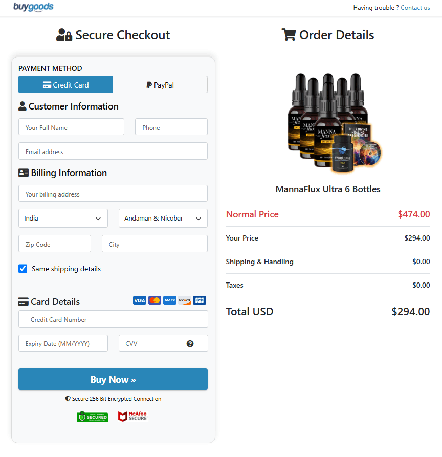 MannaFlux Ultra Secured Order Page